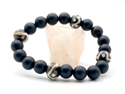 Natural Matte Black Onyx Beads bracelet with Beautiful Bone Batik Beads - Round Flat - approx 12x9 mm - Black + Off White