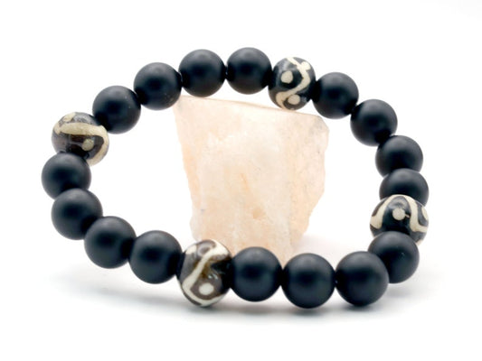 Natural Matte Black Onyx Beads bracelet with Beautiful Bone Batik Beads - Round Flat - approx 12x9 mm - Black + Off White