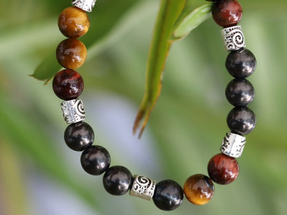 100% Shungite beads with Tri-Color Tiger Eye beads and Tribal Silver Plated Spacer Beads. Amulets for protection, worship, health and wealth