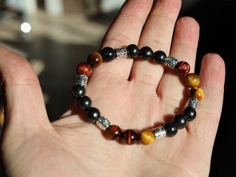 100% Shungite beads with Tri-Color Tiger Eye beads and Tribal Silver Plated Spacer Beads. Amulets for protection, worship, health and wealth