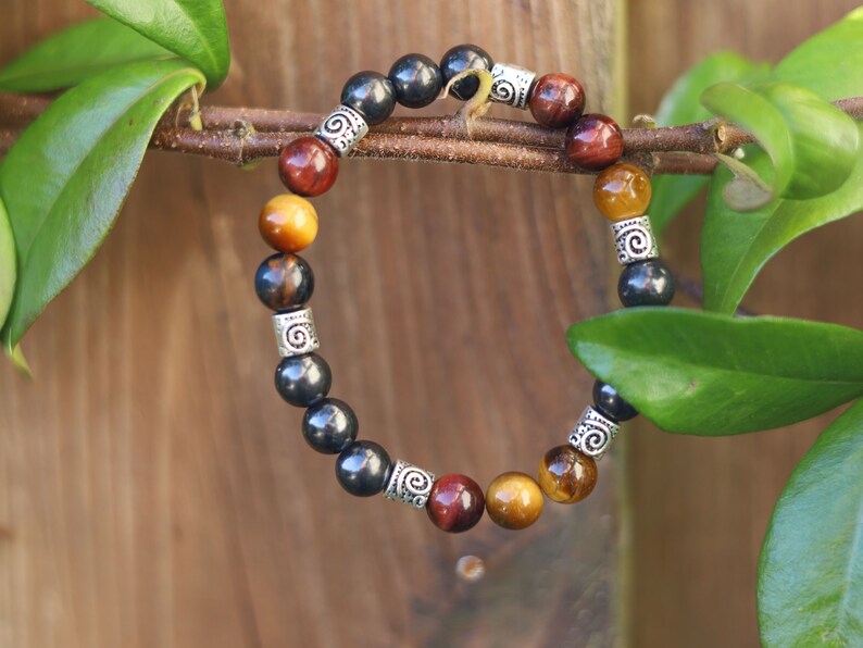 100% Shungite beads with Tri-Color Tiger Eye beads and Tribal Silver Plated Spacer Beads. Amulets for protection, worship, health and wealth