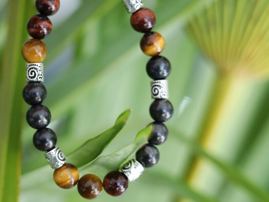100% Shungite beads with Tri-Color Tiger Eye beads and Tribal Silver Plated Spacer Beads. Amulets for protection, worship, health and wealth
