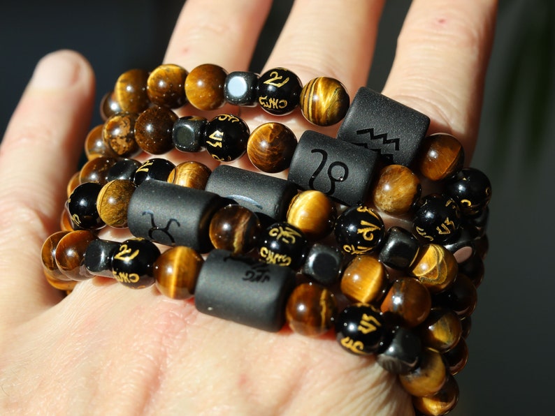 12 Zodiac Constellation Horoscope Signs Bracelets. Unique with Buddhist Words Om Mani Padme Hum Mantra. Horoscope Bracelet Gifts