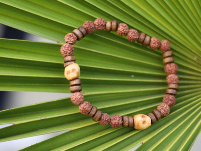 Wooden collection - lightweight Unique Natural Round Rudraksha beads - Wood Heishi beads - authentic & detailed hand-carved prayer beads