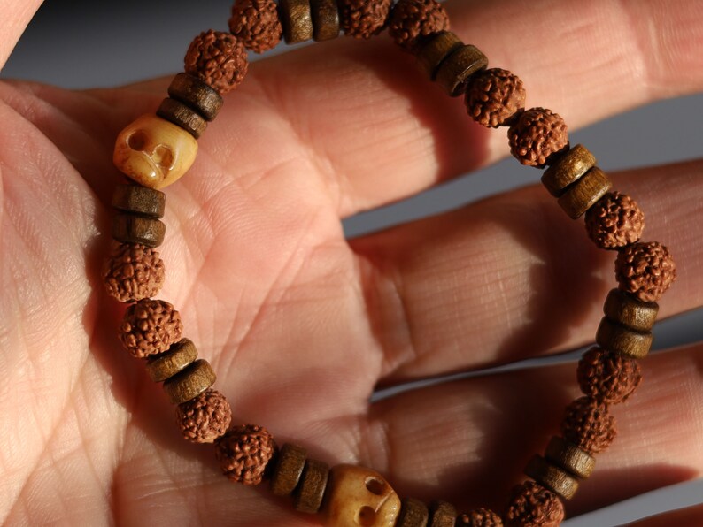 Wooden collection - lightweight Unique Natural Round Rudraksha beads - Wood Heishi beads - authentic & detailed hand-carved prayer beads
