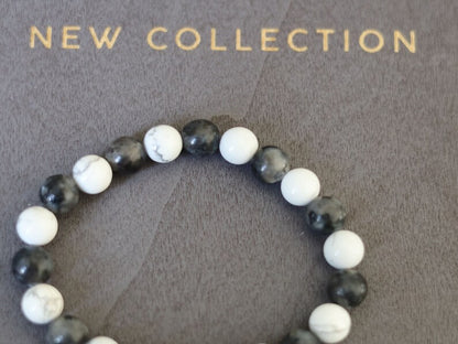 Unique Jade Dark anthracite- Round - 8 mm - Black Gray White combined with White Howlite.  Bring new ideas into focus ..