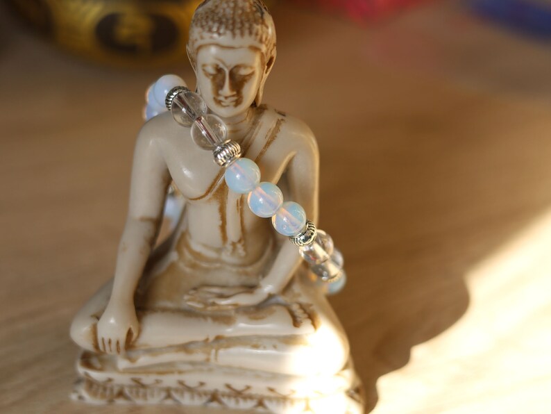 Gahiṇā Jewel Collection - Charming Bracelet with Opalite with Rockcrystal with Tribal Silver Plated Spacer Beads. Mindfully made