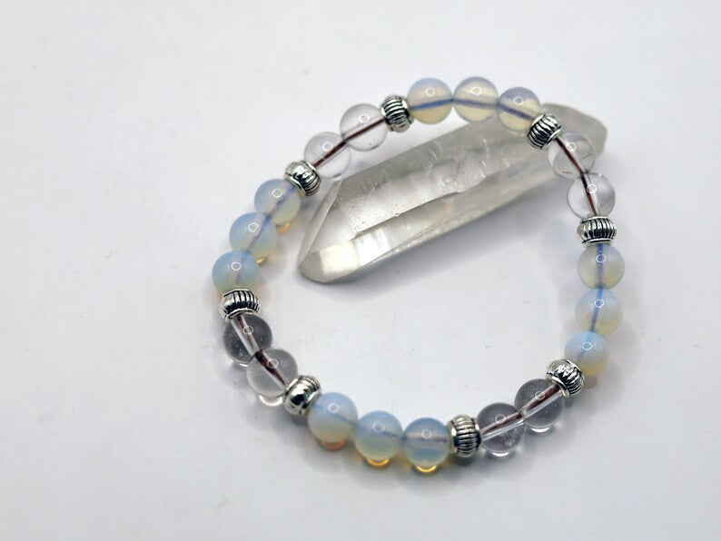 Gahiṇā Jewel Collection - Charming Bracelet with Opalite with Rockcrystal with Tribal Silver Plated Spacer Beads. Mindfully made