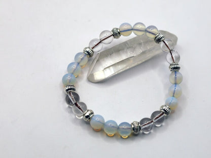 Gahiṇā Jewel Collection - Charming Bracelet with Opalite with Rockcrystal with Tribal Silver Plated Spacer Beads. Mindfully made