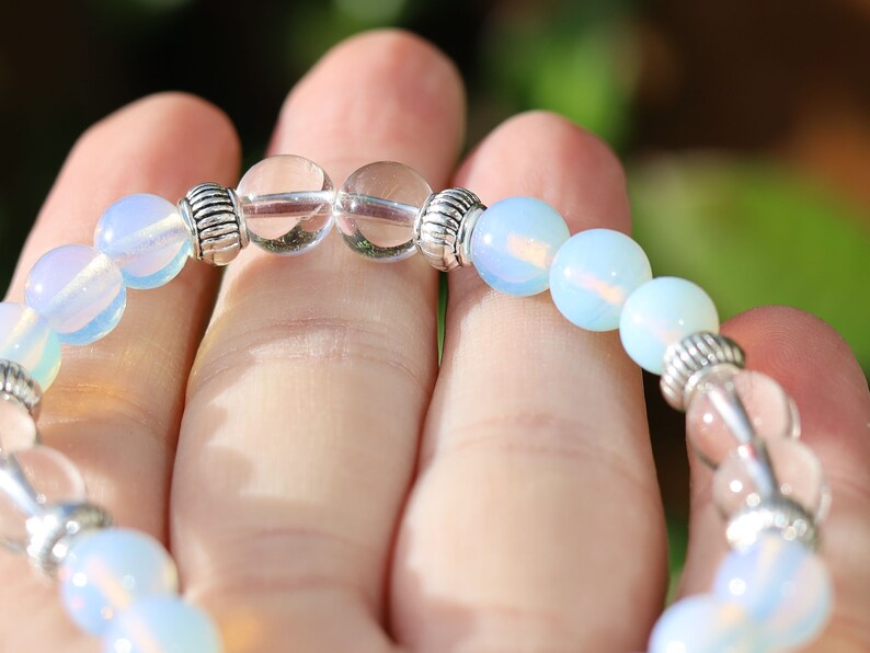 Gahiṇā Jewel Collection - Charming Bracelet with Opalite with Rockcrystal with Tribal Silver Plated Spacer Beads. Mindfully made