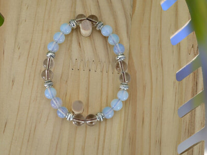 Gahiṇā Jewel Collection - Charming Bracelet with Opalite with Rockcrystal with Tribal Silver Plated Spacer Beads. Mindfully made