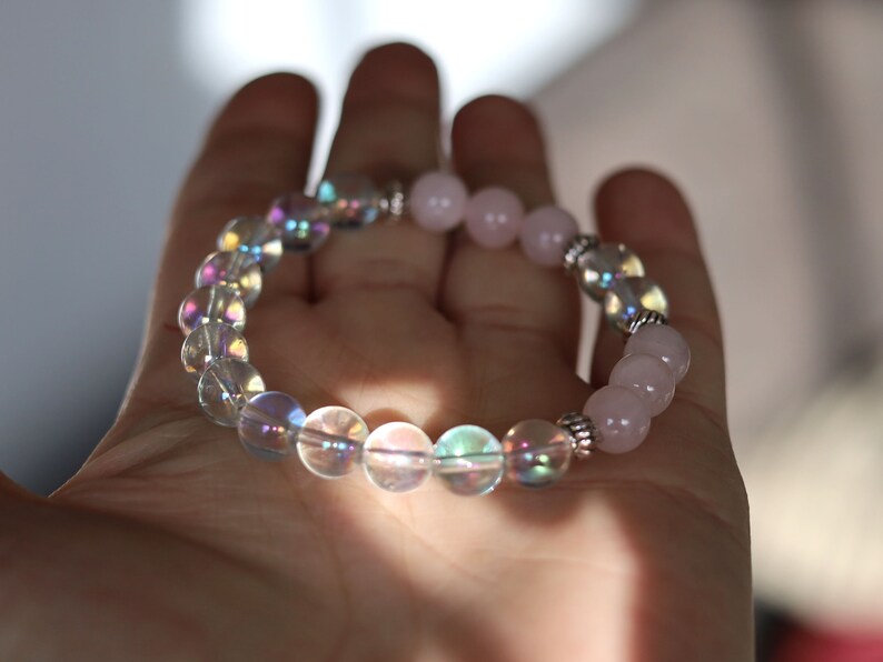 Gahiṇā Jewel Collection - Charming Bracelet with Angel Aura with Top quality rose quartz with Tribal Silver Plated Spacer Beads.