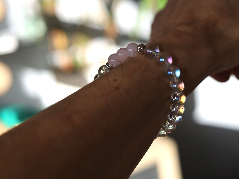 Gahiṇā Jewel Collection - Charming Bracelet with Angel Aura with Top quality rose quartz with Tribal Silver Plated Spacer Beads.