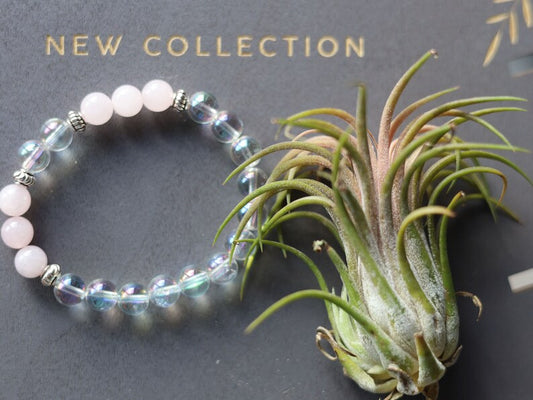 Gahiṇā Jewel Collection - Charming Bracelet with Angel Aura with Top quality rose quartz with Tribal Silver Plated Spacer Beads.