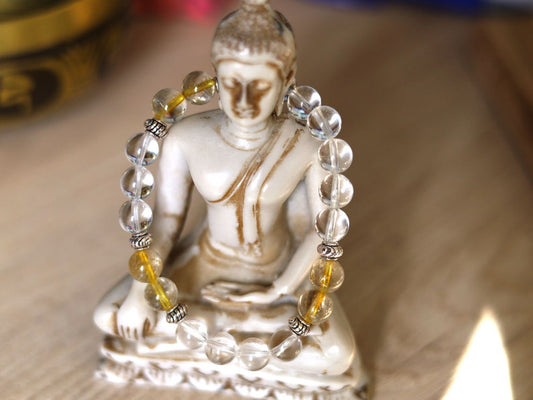 Gahiṇā Jewel Collection - Divine Bracelet with Gold Rutile and Rockcrystal beads. Top quality  with Tribal Silver Plated Spacer Beads.