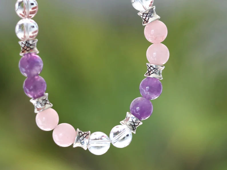 Gahiṇā Jewel Collection - Gold Triangle Bracelets with Rock Crystal, Rose Quartz and Amethyst. Tribal Silver Plated Spacer Beads.