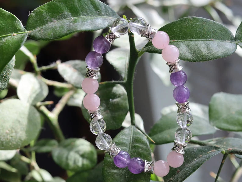 Gahiṇā Jewel Collection - Gold Triangle Bracelets with Rock Crystal, Rose Quartz and Amethyst. Tribal Silver Plated Spacer Beads.