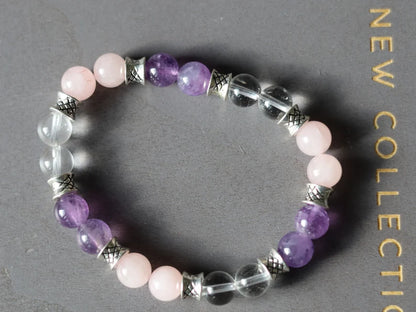Gahiṇā Jewel Collection - Gold Triangle Bracelets with Rock Crystal, Rose Quartz and Amethyst. Tribal Silver Plated Spacer Beads.