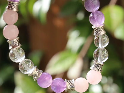 Gahiṇā Jewel Collection - Gold Triangle Bracelets with Rock Crystal, Rose Quartz and Amethyst. Tribal Silver Plated Spacer Beads.