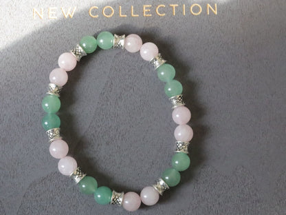 Gahiṇā Jewel Collection - Magnificent Bracelet with Aventurine  and  Rose quartz. With Tribal Silver Plated Spacer Beads. Meaningful