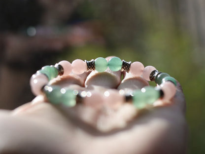 Gahiṇā Jewel Collection - Magnificent Bracelet with Aventurine  and  Rose quartz. With Tribal Silver Plated Spacer Beads. Meaningful