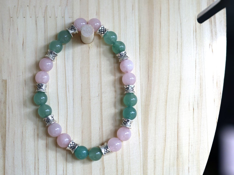 Gahiṇā Jewel Collection - Magnificent Bracelet with Aventurine  and  Rose quartz. With Tribal Silver Plated Spacer Beads. Meaningful