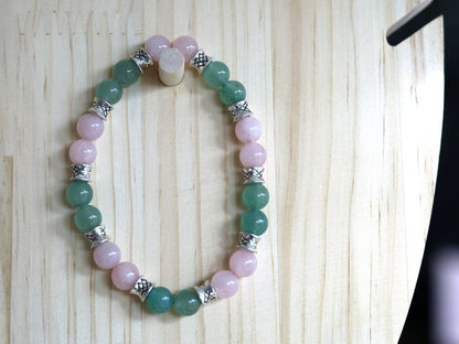 Gahiṇā Jewel Collection - Magnificent Bracelet with Aventurine  and  Rose quartz. With Tribal Silver Plated Spacer Beads. Meaningful