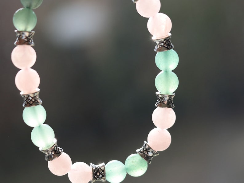 Gahiṇā Jewel Collection - Magnificent Bracelet with Aventurine  and  Rose quartz. With Tribal Silver Plated Spacer Beads. Meaningful