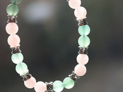 Gahiṇā Jewel Collection - Magnificent Bracelet with Aventurine  and  Rose quartz. With Tribal Silver Plated Spacer Beads. Meaningful