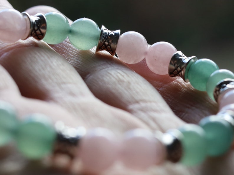 Gahiṇā Jewel Collection - Magnificent Bracelet with Aventurine  and  Rose quartz. With Tribal Silver Plated Spacer Beads. Meaningful