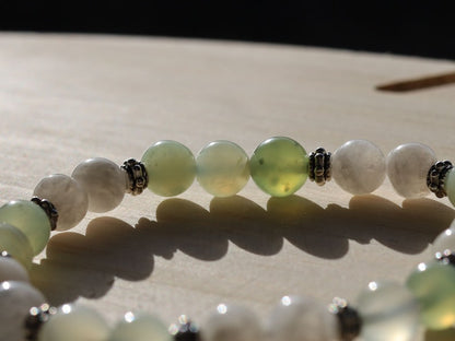 Gahiṇā Jewel Collection - Unique Bracelet with beautiful Xiu Jade and & Indian Moonstone. Tribal Silver Plated Spacer Beads.
