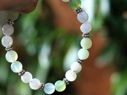 Gahiṇā Jewel Collection - Unique Bracelet with beautiful Xiu Jade and & Indian Moonstone. Tribal Silver Plated Spacer Beads.