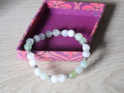 Gahiṇā Jewel Collection - Unique Bracelet with beautiful Xiu Jade and & Indian Moonstone. Tribal Silver Plated Spacer Beads.
