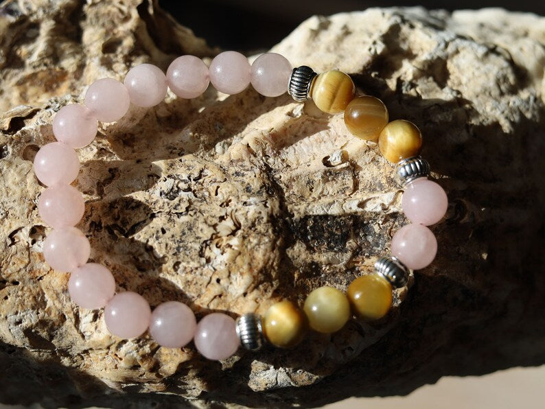 Gahiṇā Jewel Collection - Surprising Bracelet with Gold Tiger Eye and Rose quartz. Tribal Silver Plated Spacer Beads. Meaningful