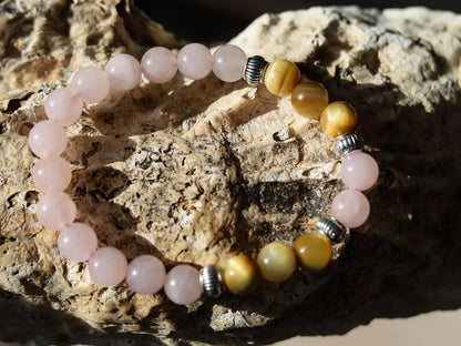 Gahiṇā Jewel Collection - Surprising Bracelet with Gold Tiger Eye and Rose quartz. Tribal Silver Plated Spacer Beads. Meaningful