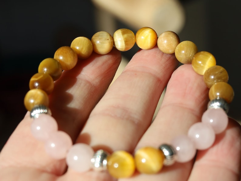 Gahiṇā Jewel Collection - Admirable Bracelet with Gold Tiger’s Eye with Top quality rose quartz with Tribal Silver Plated Spacer Beads.
