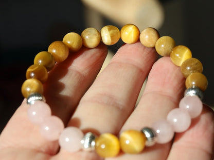 Gahiṇā Jewel Collection - Admirable Bracelet with Gold Tiger’s Eye with Top quality rose quartz with Tribal Silver Plated Spacer Beads.