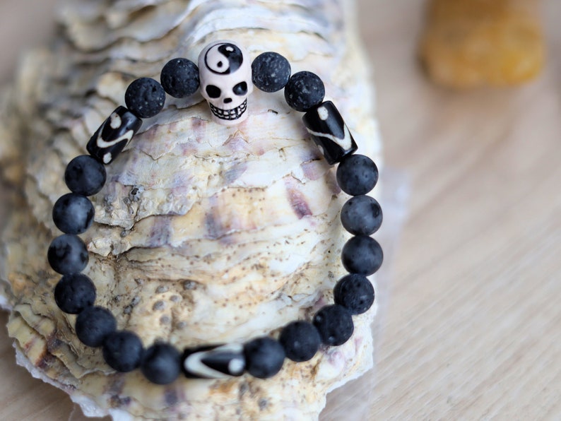 Rough and tough collection: Grey/black Lava with  Yin Yang Skull and Labradorite. Considered a tremendously spiritual stone.