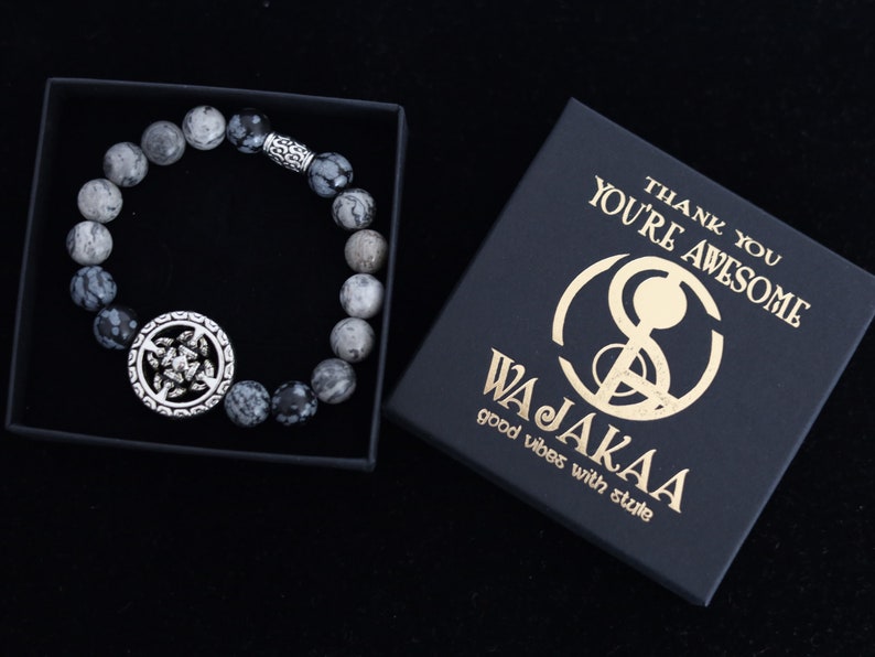 Viśēśa Jewel Collection - Awesome Buddhist Jewelry bracelet. Bracelet made with  different beads. Snowflake Obisidan and Silver Leaf Jasper.