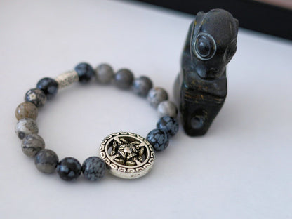 Viśēśa Jewel Collection - Awesome Buddhist Jewelry bracelet. Bracelet made with  different beads. Snowflake Obisidan and Silver Leaf Jasper.