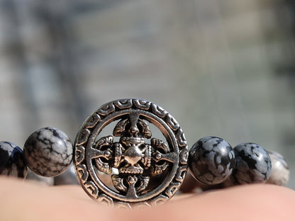 Viśēśa Jewel Collection - Awesome Buddhist Jewelry bracelet. Bracelet made with  different beads. Snowflake Obisidan and Silver Leaf Jasper.