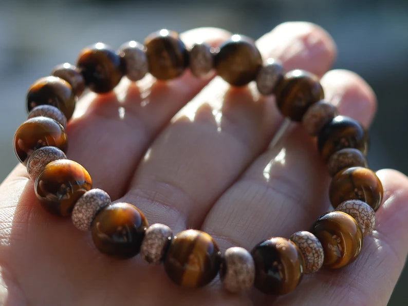 10 mm beads Tiger's Eye Bracelet with Agate Rondelles Gemstone beads. Powerbeads to enhance the spiritual well-being.