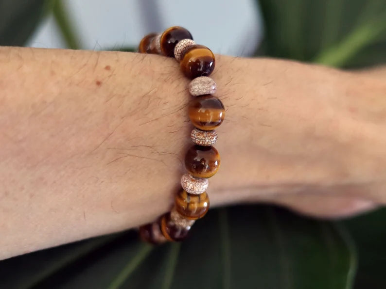 10 mm beads Tiger's Eye Bracelet with Agate Rondelles Gemstone beads. Powerbeads to enhance the spiritual well-being.