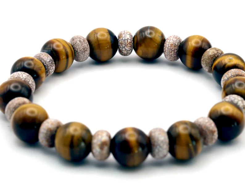 10 mm beads Tiger's Eye Bracelet with Agate Rondelles Gemstone beads. Powerbeads to enhance the spiritual well-being.