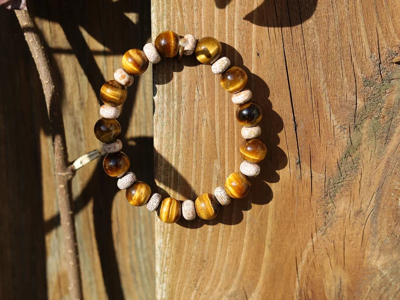 10 mm beads Tiger's Eye Bracelet with Agate Rondelles Gemstone beads. Powerbeads to enhance the spiritual well-being.