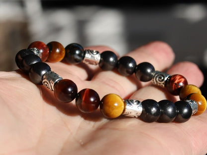 100% Shungite beads with Tri-Color Tiger Eye beads and Tribal Silver Plated Spacer Beads. Amulets for protection, worship, health and wealth