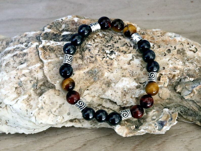 100% Shungite beads with Tri-Color Tiger Eye beads and Tribal Silver Plated Spacer Beads. Amulets for protection, worship, health and wealth