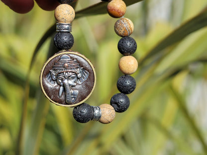 Vaḍā Bīḍa collection -  Beautiful very special prayerbead from Nepal: Ganesha Picture Jasper wisdom, majesty, good luck, loyalty, strength.