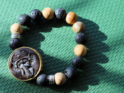 Vaḍā Bīḍa collection -  Beautiful very special prayerbead from Nepal: Ganesha Picture Jasper wisdom, majesty, good luck, loyalty, strength.