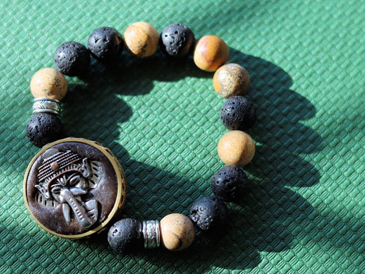Vaḍā Bīḍa collection -  Beautiful very special prayerbead from Nepal: Ganesha Picture Jasper wisdom, majesty, good luck, loyalty, strength.